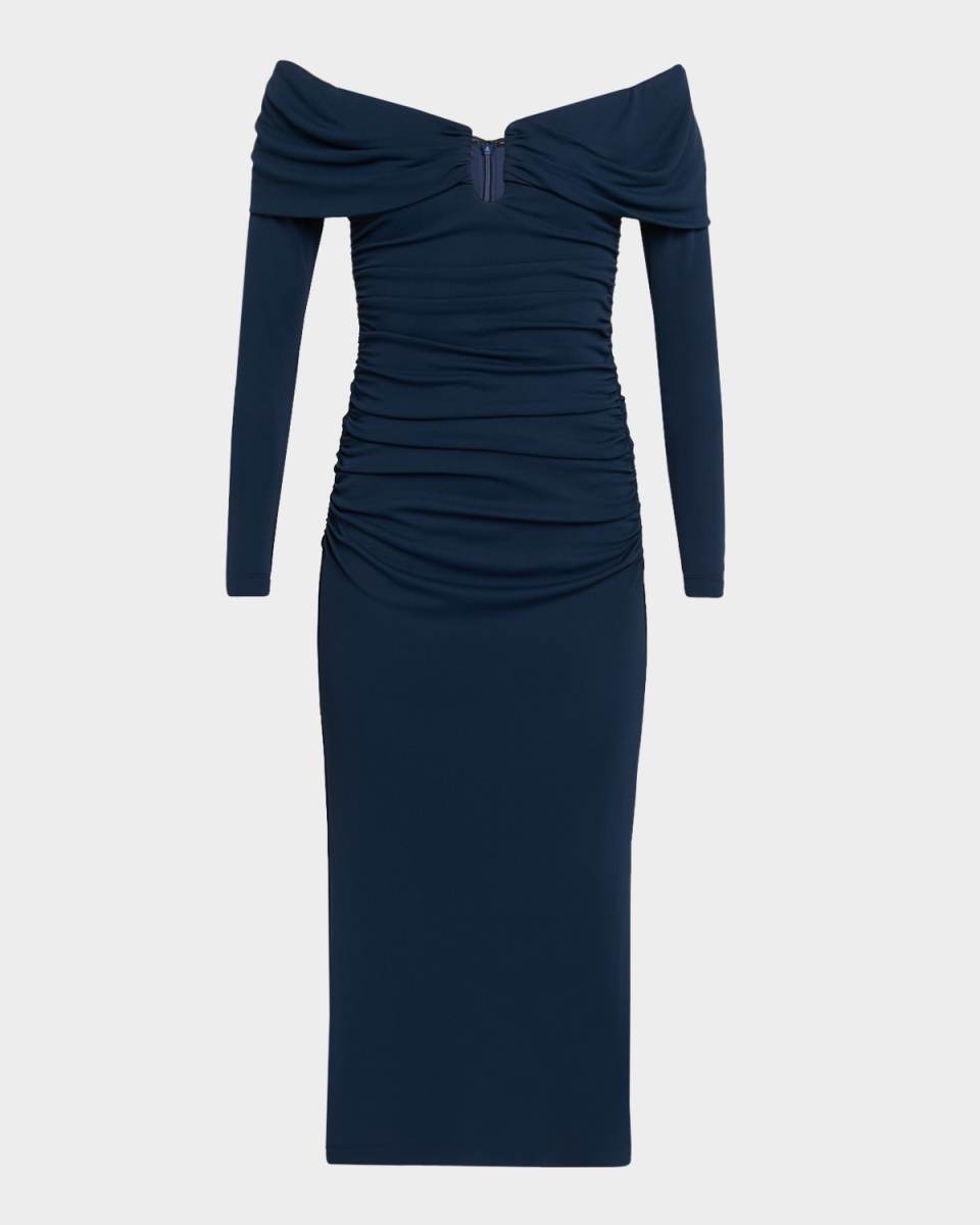 Off-The-Shoulder Ruched Midi Dress